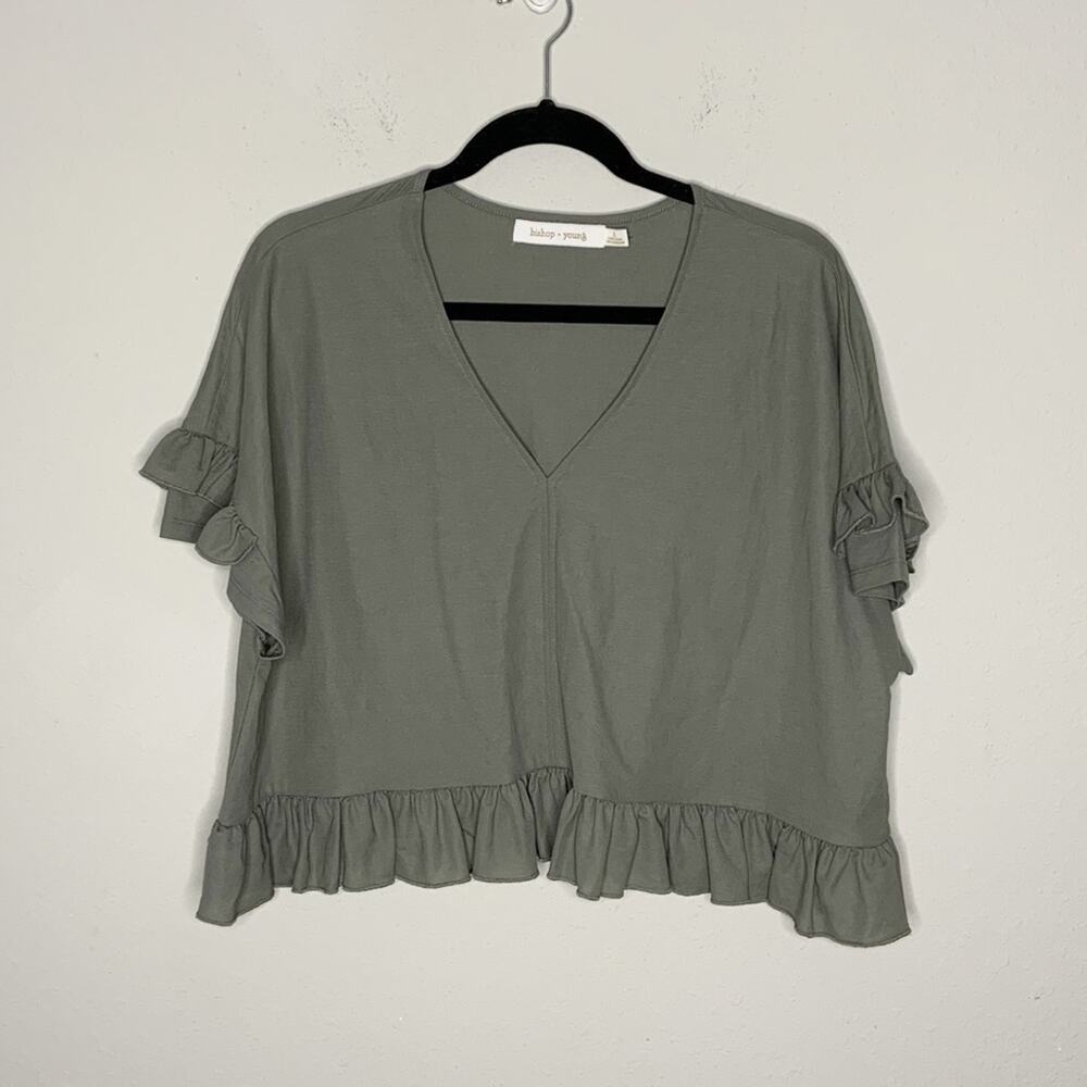 Bishop + Young Ruffle Sleeve Knit Tee Olive Size S